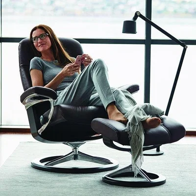 Woods Furniture Stressless Consul Recliner With Signature Base and Footstool - Stressless Large Consul Recliner With Signature Base Footstool in Fabric