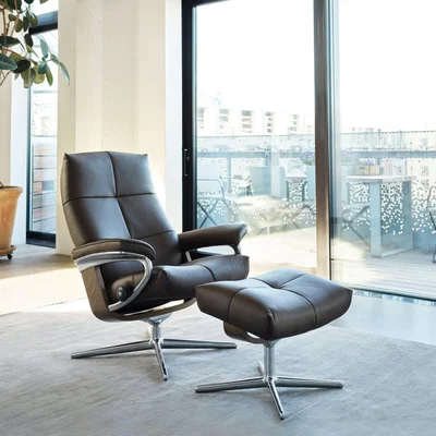 Woods Furniture Stressless David Recliner with Cross Base and Footstool - David Chair Footstool with Cross Base in PalomaCori