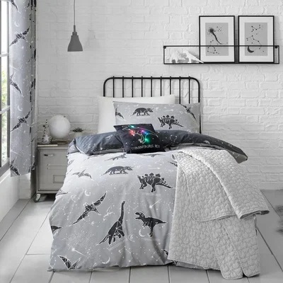 Dunelm Black Space Dinosaur Single Duvet Cover and Pillowcase Set Black and White