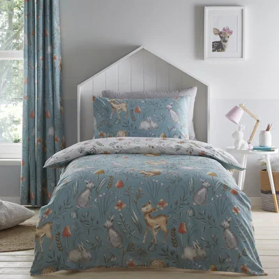 Dunelm Woodlands 100% Cotton Reversible Single Duvet Cover and Pillowcase Set Blue, Brown and White