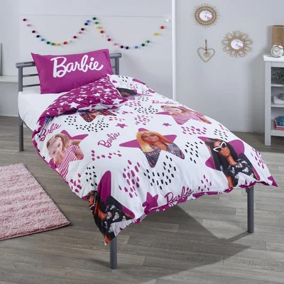 The Range Luxury Girls Strong Single Bed with Free Mattress and Barbie Stars Bedding Set - Purple