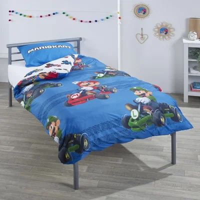 The Range Children's Silver Metal Single Bed with Super Mario Bedding Set - Blue
