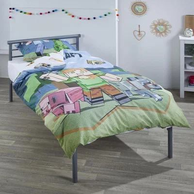 The Range Children's Strong Metal Single Bed with Official Minecraft Bedding Set - Teal