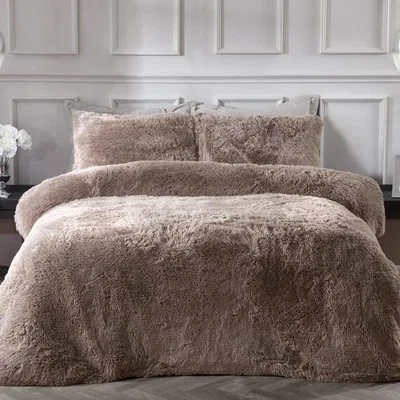 The Range Shaggy Faux Fur Duvet Cover and Pillowcase Set - Mink / Single