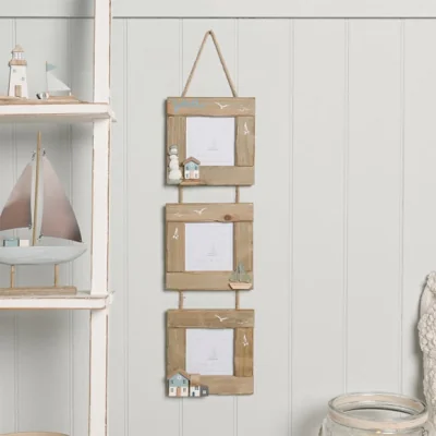 Dunelm Love Life By The Sea Driftwood & Sea Glass Hanging Triple Multi Photo Frame