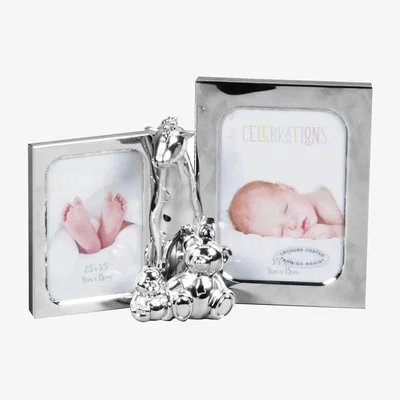 Dunelm Bambino Giraffe & 2 Teddies Silver Plated Double Photo Frame Silver