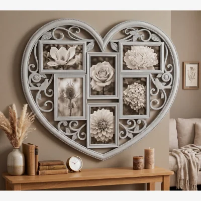 The Range Brushed White Distressed Heart Shape Collage Wall Hanging Photo Frame