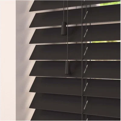 The Range Smooth Finish Faux Wood Venetian Blinds with Strings 130cm Drop - Onyx / 170cm