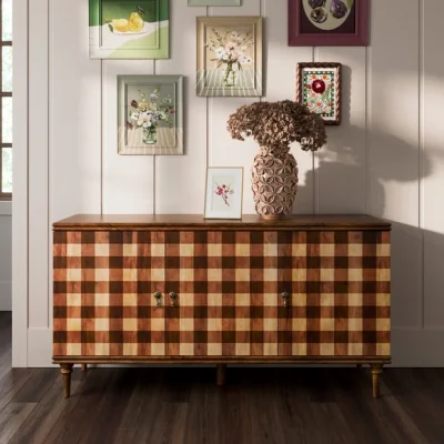 Dunelm Posie Gingham Wide Sideboard, Mango Wood