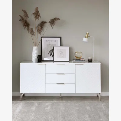Danetti Geo Large Matt White and Stainless Steel Textured Sideboard