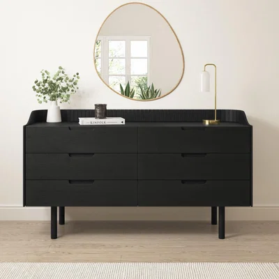 Furniture123 Wide Black Mid-Century Modern Chest of 6 Drawers - Saskia