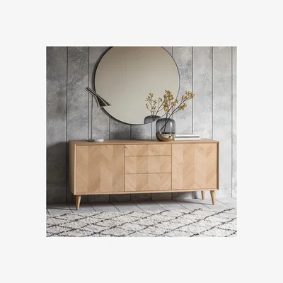 Furniture123 Milano Solid Oak Light Wood Chevron Style Sideboard with 2 Doors & 3 Drawers - Caspian House