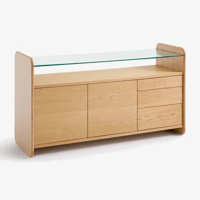 La Redoute Ericson Oak Veneer Sideboard with Tempered Glass Top, 2 Doors and 3 Drawers