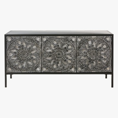 Maisons du Monde Carved Mango Wood and Black Metal 3-Door Sideboard Topaze