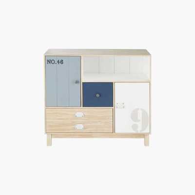 Maisons du Monde White and Blue Pine 2-Drawer 2-Door Storage Cabinet Marin