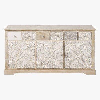 Maisons du Monde NAMASTE - Carved Solid Mango Wood 3-Door Sideboard