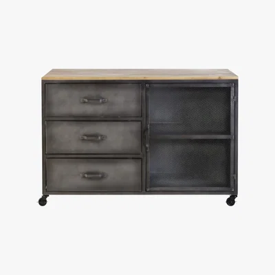 Maisons du Monde Pine and Metal 3-Drawer 1-Door Storage Cabinet Rebel