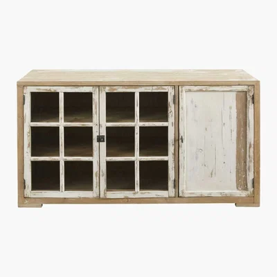 Maisons du Monde White Recycled Pine and Tempered Glass 3-Door Sideboard Kinfolk