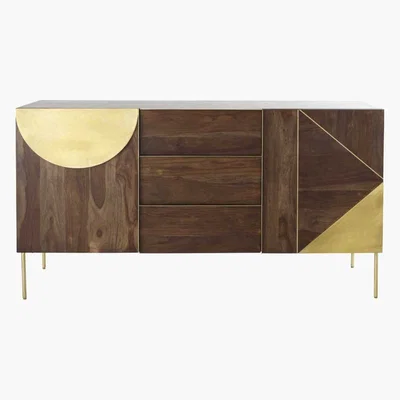 Maisons du Monde Solid Sheesham and Golden Metal 2-Door 3-Drawer Sideboard Mayfair
