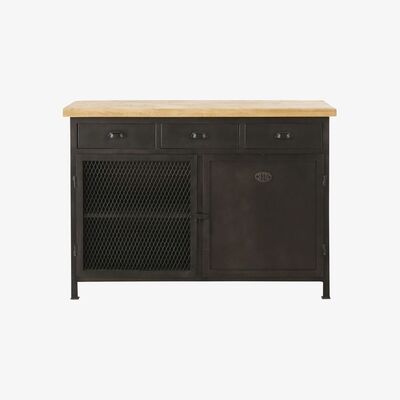 Maisons du Monde Grey Metal and Solid Mango Wood 4-Door 3-Drawer Sideboard