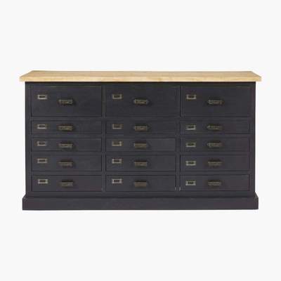 Maisons du Monde BARRY - Matte Black Solid Mango Wood and Recycled Pine 15-Drawer Bar