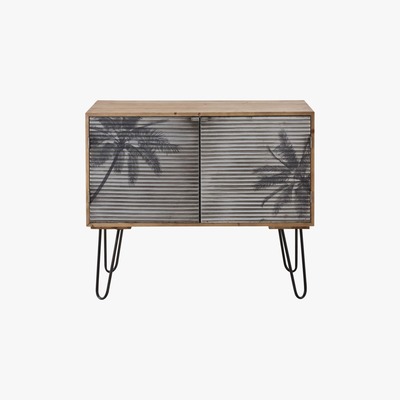 Maisons du Monde Solid Pine and Grey Palm Tree Print Metal 2-Door Sideboard Santa Cruz