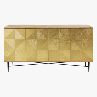 Maisons du Monde 4-Door Solid Mango Wood and Golden Hammered Metal Sideboard Moscova