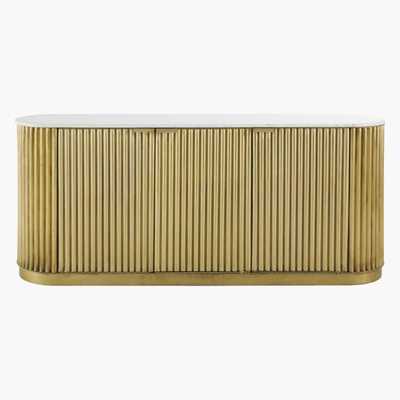 Maisons du Monde Brass-Coloured Corrugated Metal and White Marble 3-Door Sideboard Louxor