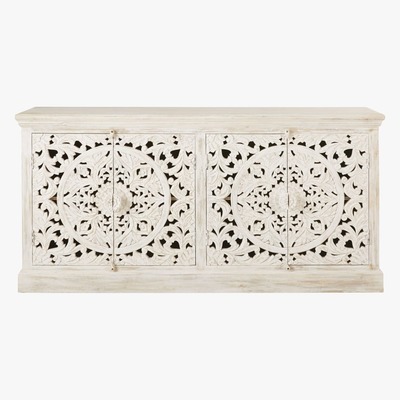 Maisons du Monde Carved White Solid Mango Wood 4-Door Sideboard Kerala