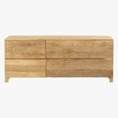 Maisons du Monde NAKOMA - Carved Solid Mango Wood 4-Drawer Sideboard