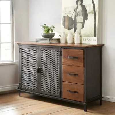 OAT Home Meath Industrial Metal & Wood 2 Doors & 3 Drawer 125cm Sideboard