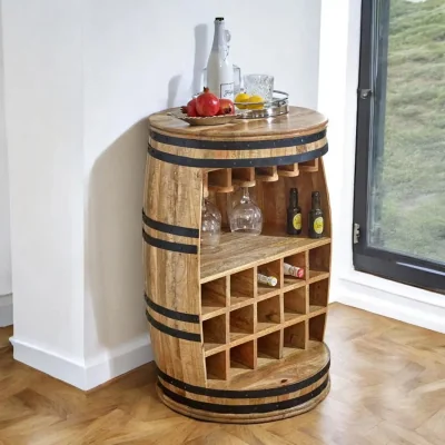 OAT Home Wicklow Wooden Round Barrel Bar 90cm Sideboard