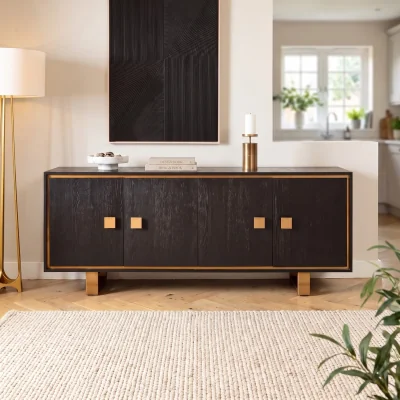 Quatropi Large Modern Sideboard Buffet Cabinet Black Oak Gold 200cm