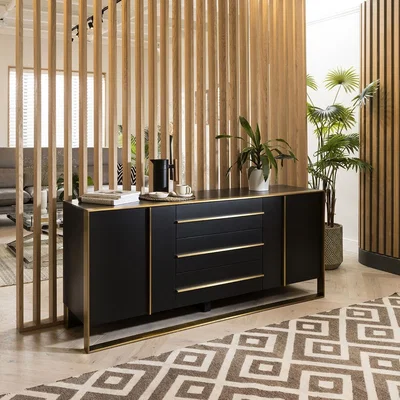Quatropi ExDisplay Sideboard Cabinet 180cm Matte Black & Brass Frame & Black Ceramic Top