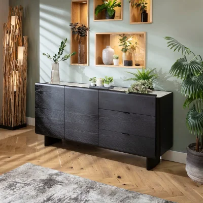 Quatropi Large Mid Century Modern Sideboard Buffet Cabinet Black Oak Ceramic 180cm x 45cm