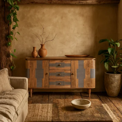 The Range Idaho Natural Acacia Sideboard Ribbed Panels Brass Handles 3 Drawers 2 Doors - Brown