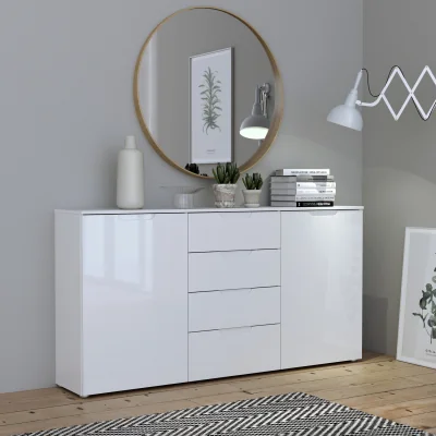 The Range Sienna Wide Chest of 4 Drawers and 2 Doors in White/White High Gloss - White