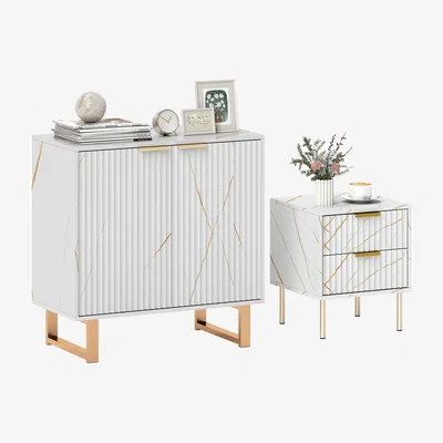 The Range HOMCOM Fluted Sideboard Buffet Cabinet with Marble Top and Drawers - White