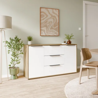 The Range Orkney 3 Drawer Sideboard with 2 Doors in Mauvella Oak and White Gloss - Mauvella Oak & White