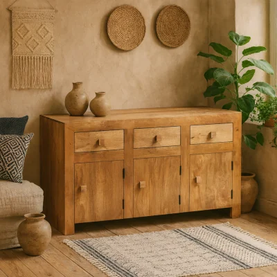 The Range Manila Light Mango Wood Large Sideboard 3 Drawers 3 Doors Matt Finish - Brown
