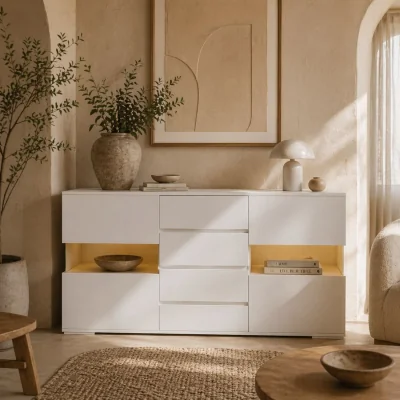 The Range Latoli High Gloss White Sideboard with Integrated LED Lighting, 4 Drawers 4 Doors
