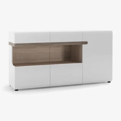 The Range Chelsea Living 3 Door Glazed Sideboard in White with a Truffle Oak Trim - White & Truffle Oak