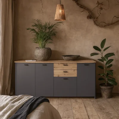 The Range Seville Wide Sideboard - Grey and Natural Oak Effect, 4 Doors 2 Drawers - Natural and Grey