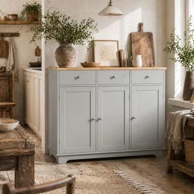 The Range Totoro Grey Sideboard with Natural Rubberwood Top, 3 Doors 3 Drawers 3 Shelves