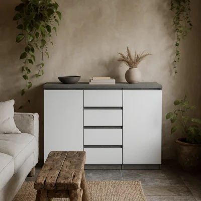 The Range Budapest Concrete Effect Sideboard in Gloss 4 Drawers 2 Doors - White