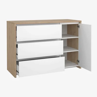 The Range Wyld Haus Salzburg Sideboard, White High-Gloss Fronts and Natural Oak-Effect Frame, 1 Door 3 Drawers - Natural