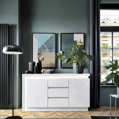 The Range Lyon 2 Door 3 Drawer Sideboard (including LED lighting) in White and High Gloss - White
