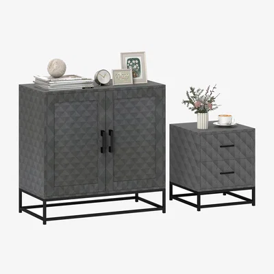 The Range HOMCOM Sideboard Cabinet and Nightstands 3 Piece Set with Steel Legs - Grey