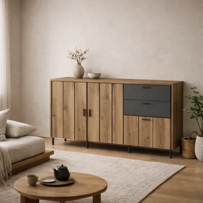 The Range Nightbloom Grey & Oak Effect Sideboard 3 Door 2 Drawer Metal Legs - Grey