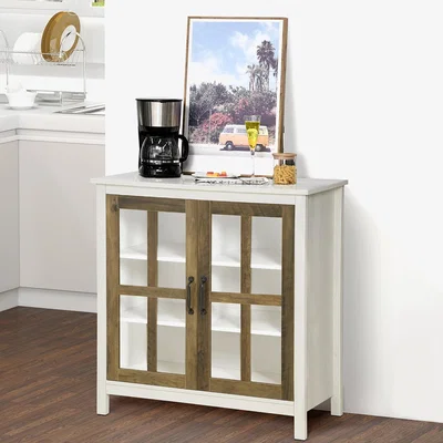 The Range Kitchen Sideboard, Glass Door Storage Cabinet, Accent Cupboard - Distressed White, Natural Wood Effect